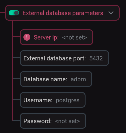 Parameters for connecting to the external PostgreSQL DB