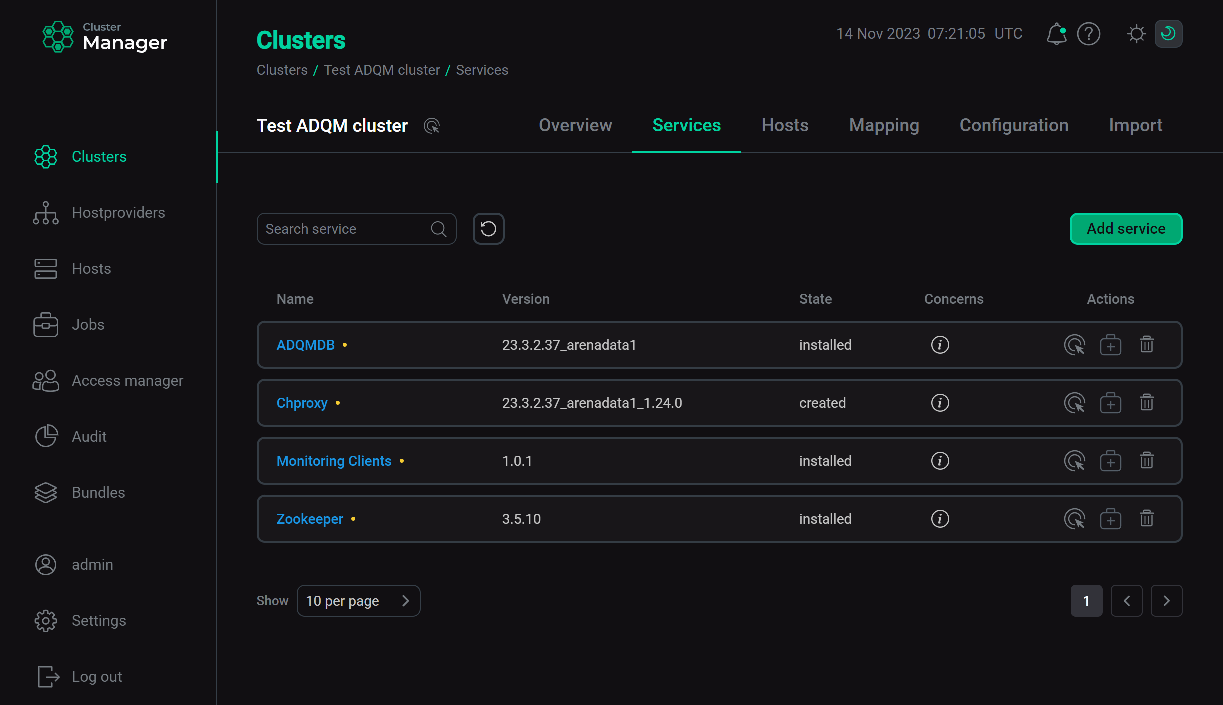ADQM cluster services in the ADCM interface